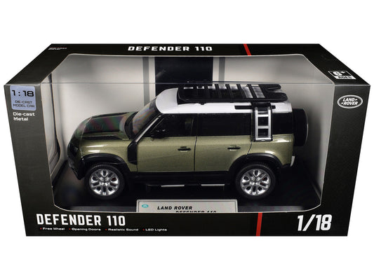 Land Rover Defender 110 Green Metallic with White Top and Roof Rack 1/18 Diecast Model Car by Heimanba Heimanba
