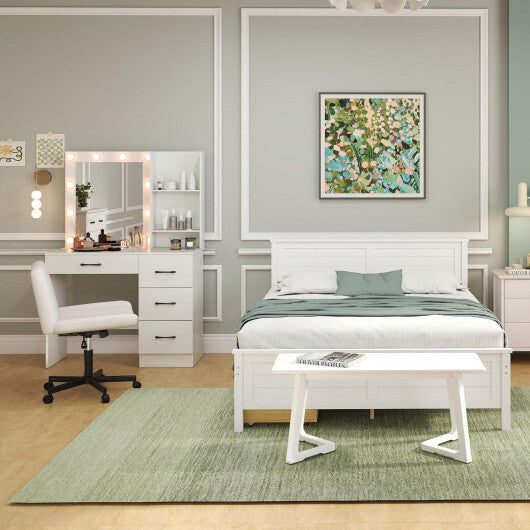 4-Piece Bedroom Furniture Set with Twin Size Bed Frame Entryway Bench Vanity Desk and Jewelry Armoire W2B
