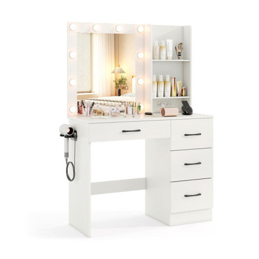 4-Piece Bedroom Furniture Set with Twin Size Bed Frame Entryway Bench Vanity Desk and Jewelry Armoire W2B