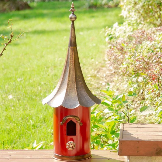 Outdoor Red Metal Bird House with Vintage Bronze Phonograph Style Roof-1