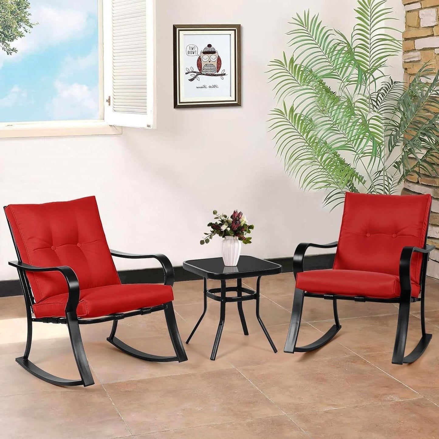 Outdoor 3-Piece Patio Furniture Rocking Chairs Table Set with Red Cushions FastFurnishings