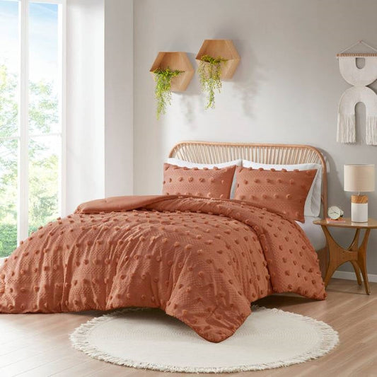 Full/Queen 3-Piece Rust Orange Pompom Microfiber Comforter Set FastFurnishings