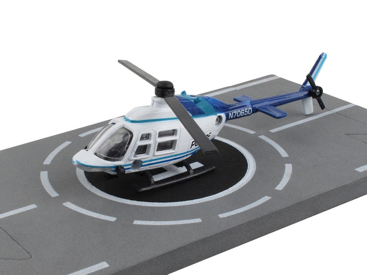 Bell 206 Jetranger Helicopter White and Blue "Police-N70650" with Runway Section Diecast Model by Runway24-2