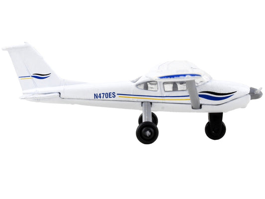 Cessna 172 Aircraft White with Blue and Yellow Stripes "N470ES" with Runway Section Diecast Model Airplane by Runway24 Runway24