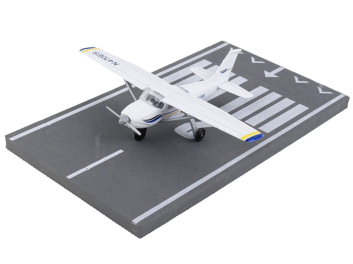 Cessna 172 Aircraft White with Blue and Yellow Stripes "N470ES" with Runway Section Diecast Model Airplane by Runway24 Runway24