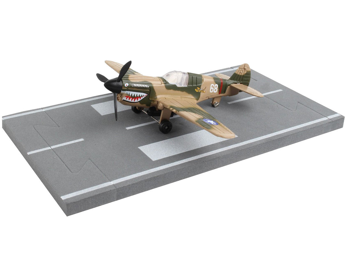 Curtiss P-40 Warhawk Fighter Aircraft Camouflage "Flying Tigers-First American Volunteer Group" with Runway Section Diecast Model Airplane by Runway24 Runway24