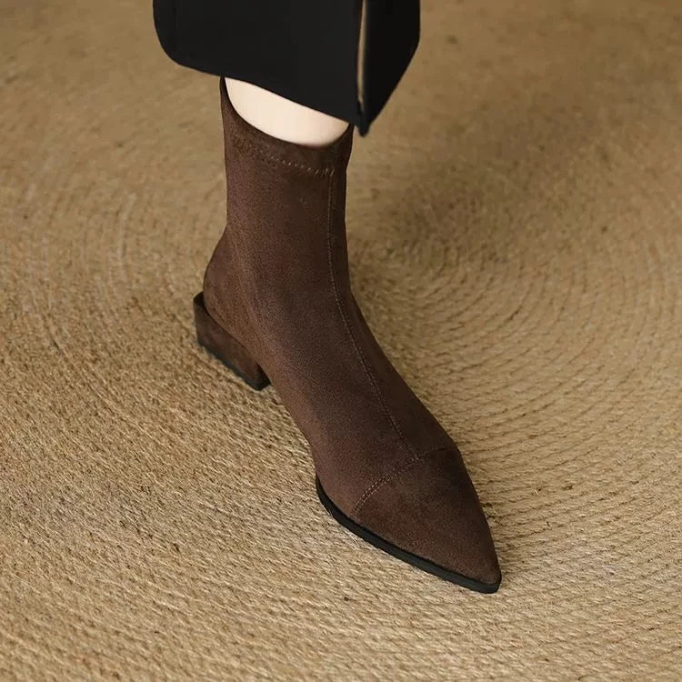 Plus-size women's boots 2025 winter fashion pointed-toe design short boots with zippers on the back, slim low-heeled nude boots LadyShow.Store