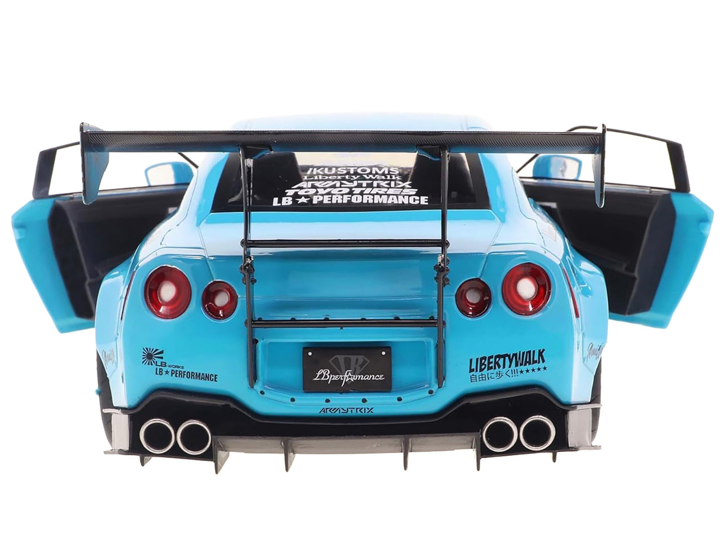 2023 Nissan GT-R (R35) Liberty Walk Body Kit 2.0 RHD (Right Hand Drive) Baby Blue with Carbon Hood 1/18 Diecast Model Car by Solido