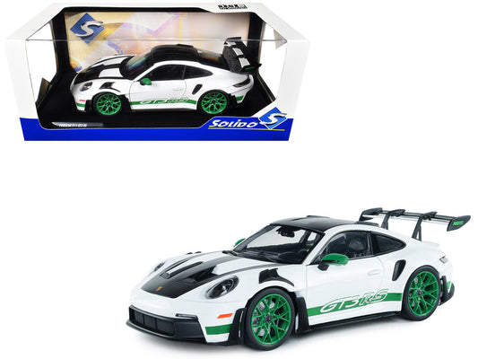 2024 Porsche 911 GT3 RS "Tribute to Carrera RS Package" White with Carbon Hood Stripes and Top and Green Side Stripes and Wheels 1/18 Diecast Model Car by Solido Solido