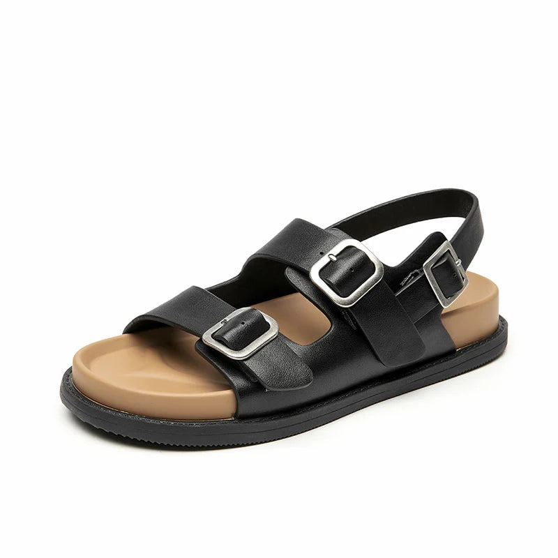BeauToday Casual Sandals Women Genuine Leather Metal Ankle Buckle Strap Summer Beach Ladies Low Heel Sport Shoes Handmade 38128 LadyShow.Store