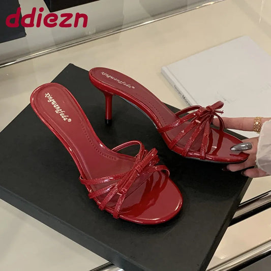 Women Thin Heels Sandals Slides Shoes Butterfly-Knot Footwear Fashion Round Toe Ladies High Heels Shoes Female Sandals Pumps Pi-Mart