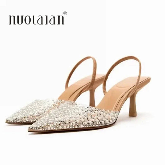 2024 Fashion Summer Women High Heels Pearl Decoration Slingback Woman Pumps Pointed Toe High Heels Sandals Elegant Woman Shoes Pi-Mart