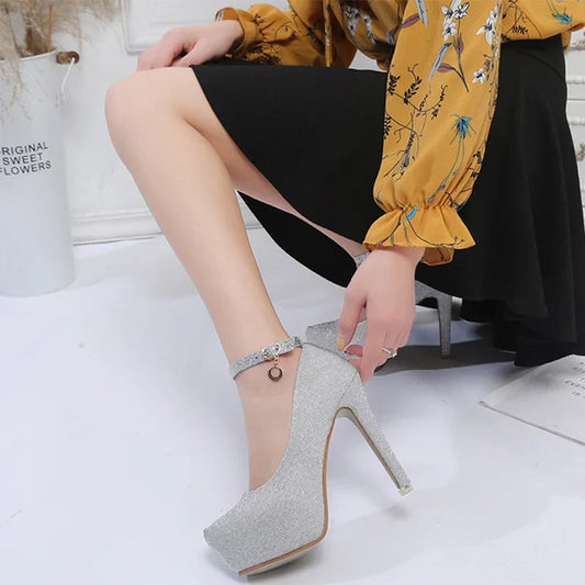 Fashion Wedding Shoes Women High Heels Women Pumps Bride Shoes Platform Super High Heel 12cm Black Silver A2177 Pi-Mart