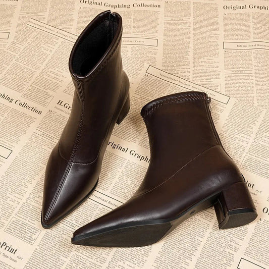 Fashion Vintage Thick Heels Women Slim Ankle Boots Autumn Winter Pointed Toe Stripper Party Short Booties Zapatos De Mujer LadyShow.Store