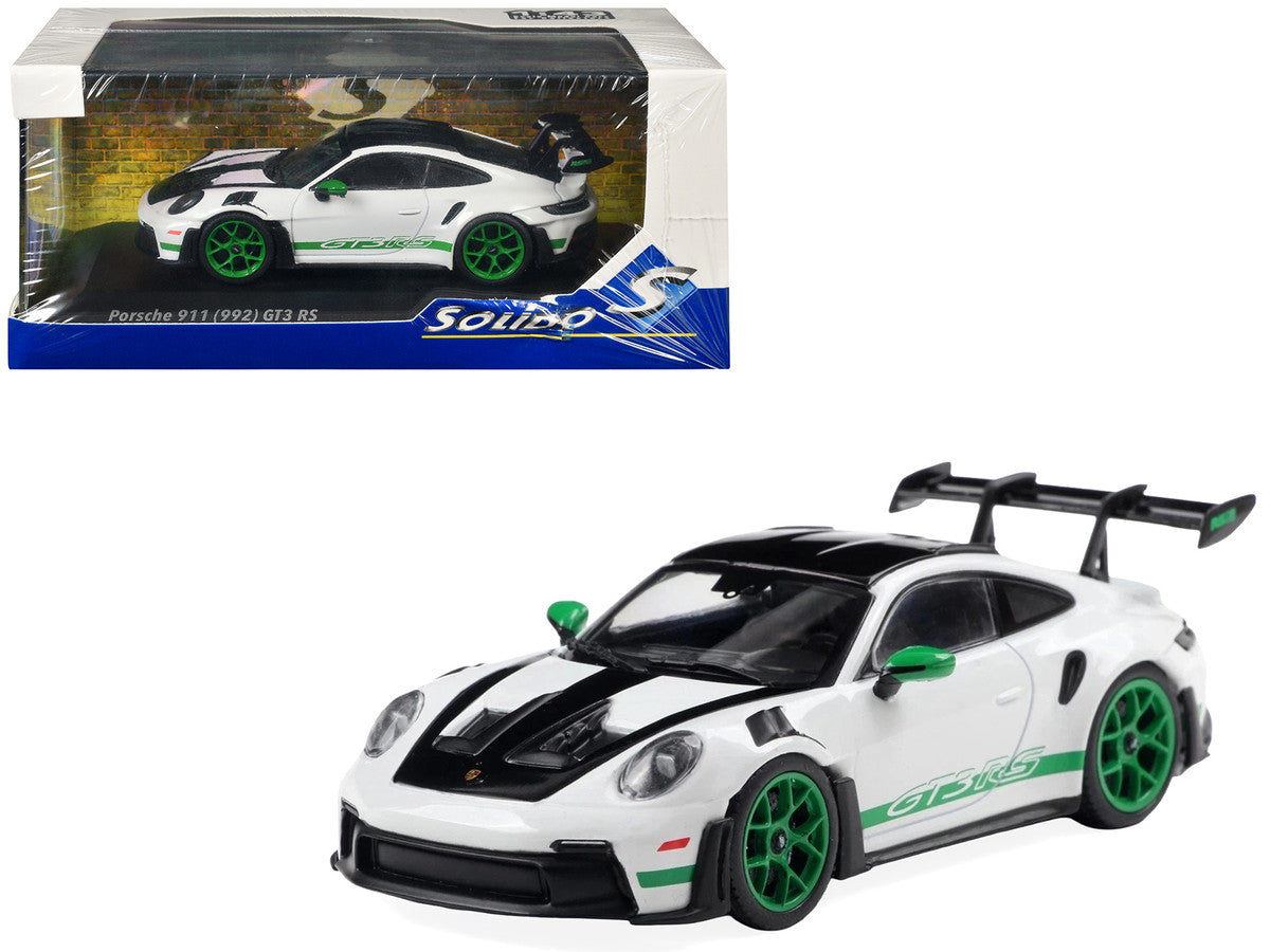 2023 Porsche 911 (992) GT3 RS "Tribute to Carrera RS Package" White with Green Stripes and Black Hood and Top 1/43 Diecast Model Car by Solido-4