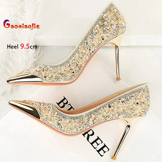 Shiny Crystal Apricot High Heels 9.5cm Women's Shoes Thin Heels Metal Pointed Ladies Pumps Shallow Slip On Stiletto Party Shoes Pi-Mart