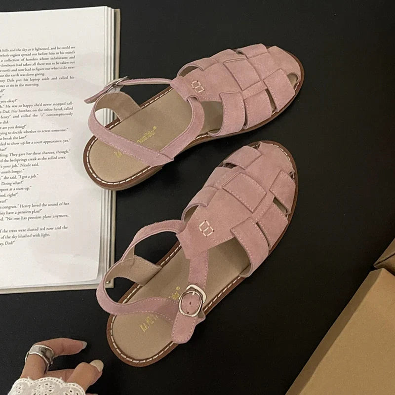 DIMANYU Women's Roman Sandals 2023 Summer New Flat Retro Real Leather Ladies Sandals Hollowed Women's Cage Shoes LadyShow.Store
