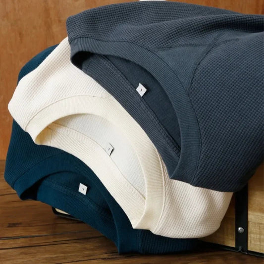 2026 New Men's Summer T Shirt 220g Waffle Round Neck T-shirt Solid Color Loose Simple Short Sleeve Top T Shirts Pi-Mart