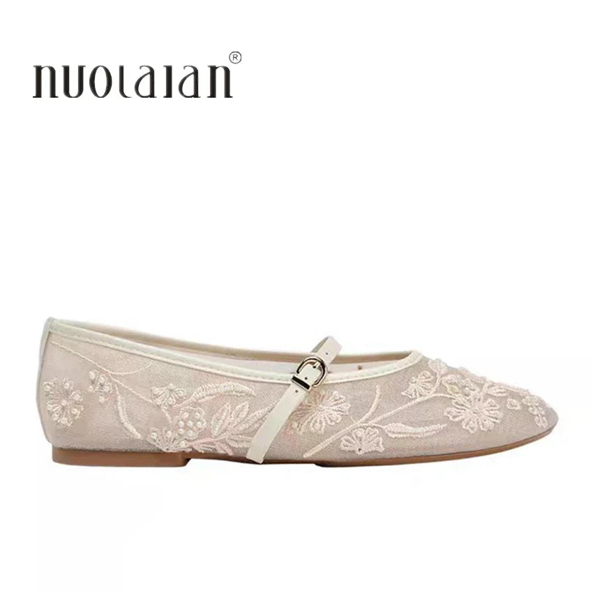 Mesh Embroidery String Bead Design Women Ballet Flats Fashion Buckle Breathable Mary Jane Shoe Comfort Low Heel Soft Flat Sandal LadyShow.Store