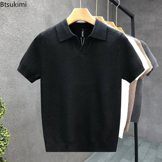 2026 Men's Summer Polo Shirt Korean Style Slim Wrinkle Resistant Collar Solid Color T-Shirts Casual Thin Sleeve Trendy Knit Tops Pi-Mart