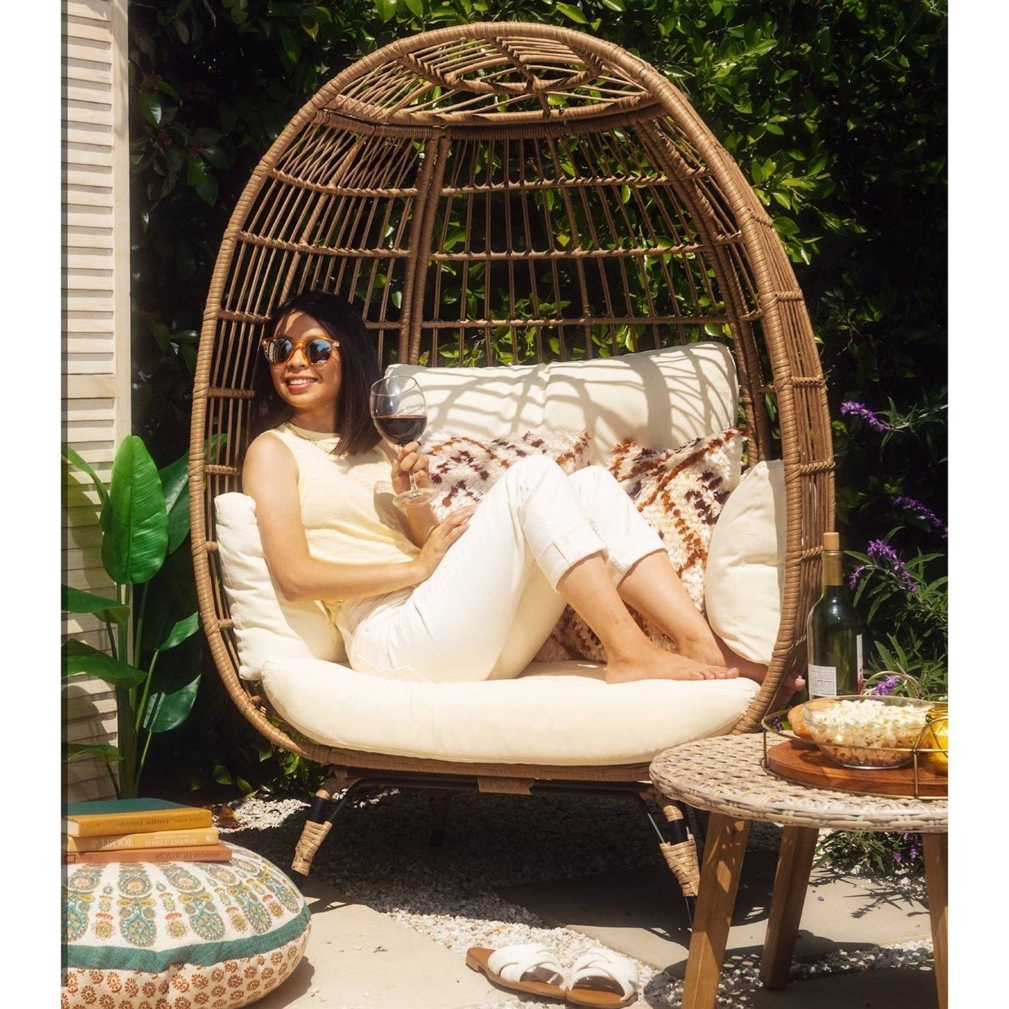 Oversized Patio Lounger Indoor/Outdoor Wicker Egg Chair Off White FastFurnishings