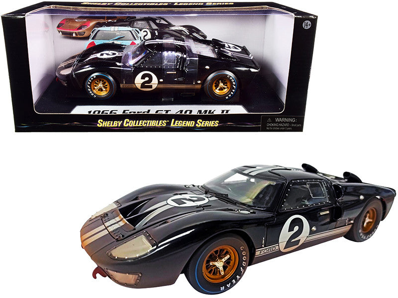 1966 Ford GT-40 MK II #2 Black with Silver Stripes After Race (Dirty Version) 1/18 Diecast Model Car by Shelby Collectibles Shelby Collectibles