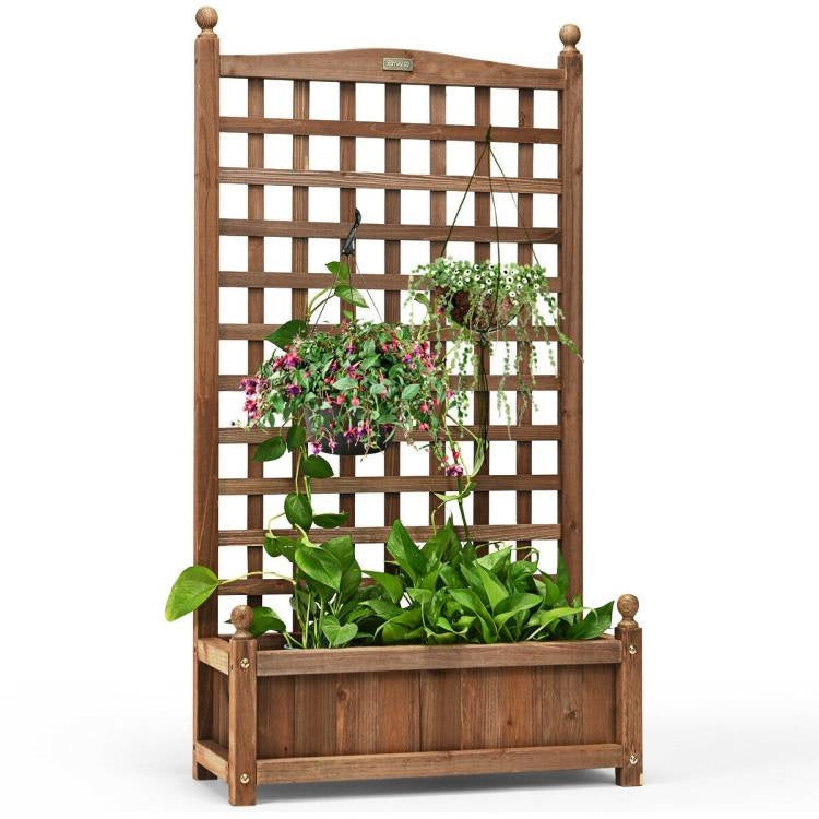 Solid Wood Farmhouse Garden Planter Box with 48-inch High Trellis FastFurnishings