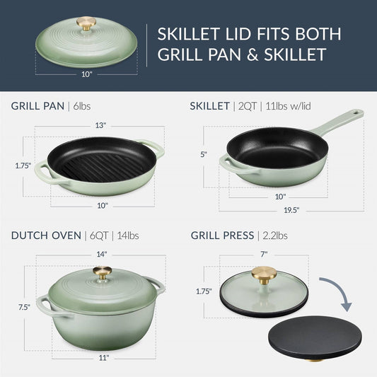 Sage 6-Piece Non-Stick Cast Iron Cookware Set - Skillet Grill Pan Dutch Oven FastFurnishings