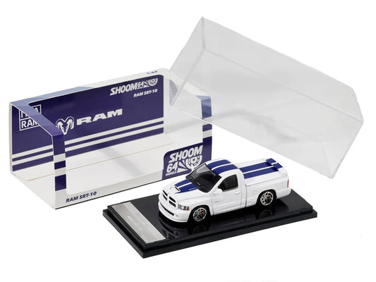 2003 Dodge Ram SRT-10 Pickup Truck White with Blue Stripes 1/64 Diecast Model Car by Shoom64 Models-1