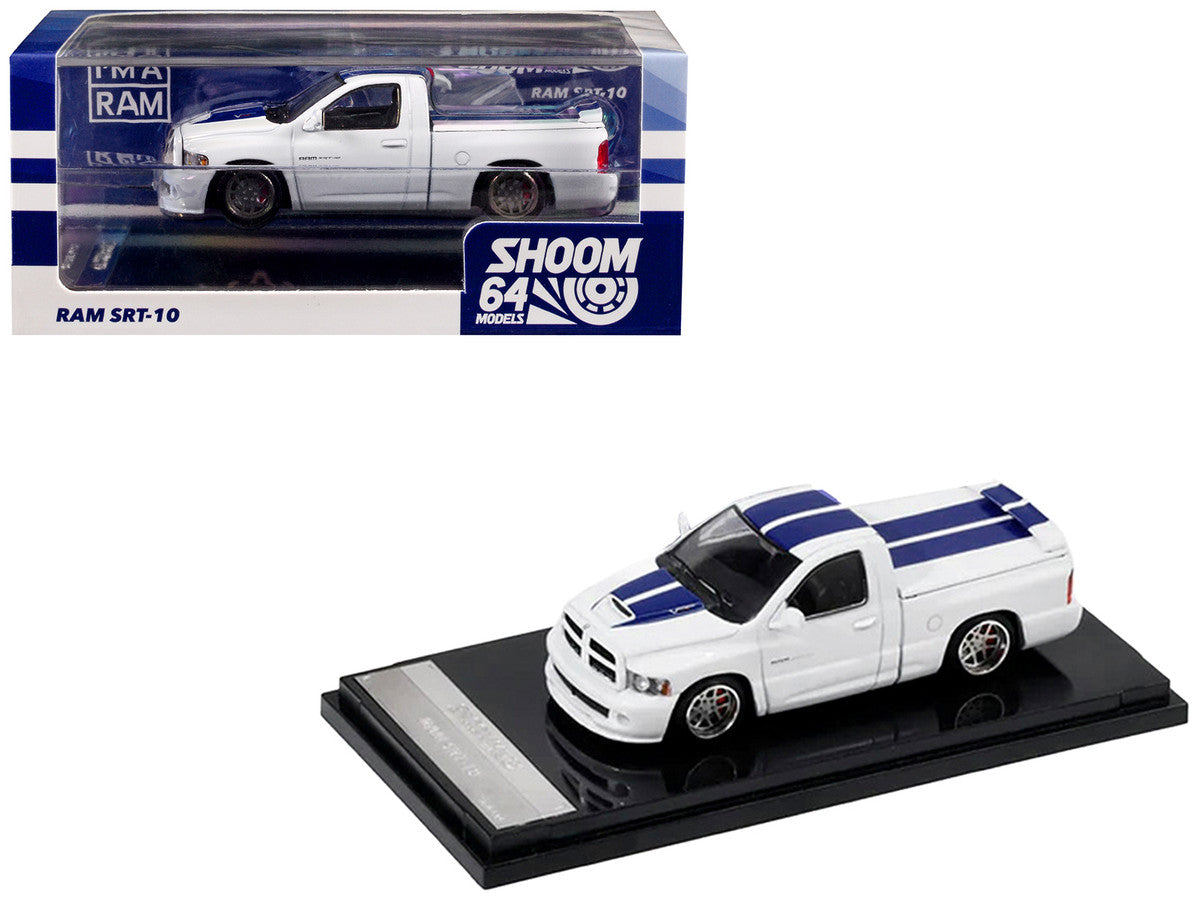 2003 Dodge Ram SRT-10 Pickup Truck White with Blue Stripes 1/64 Diecast Model Car by Shoom64 Models-2