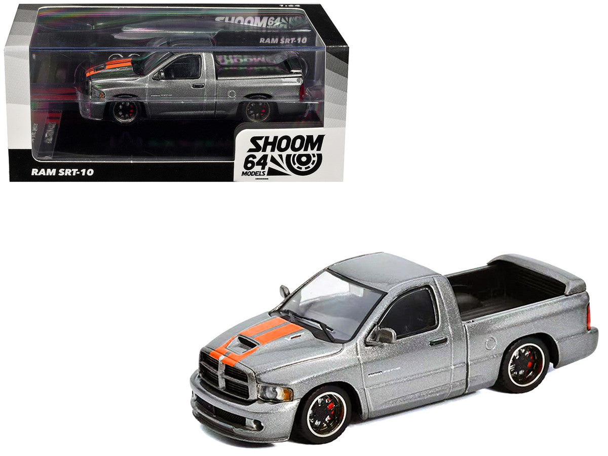 2003 Dodge Ram SRT-10 Pickup Truck Gray Metallic with Orange Stripes 1/64 Diecast Model Car by Shoom64 Models SHOOM64