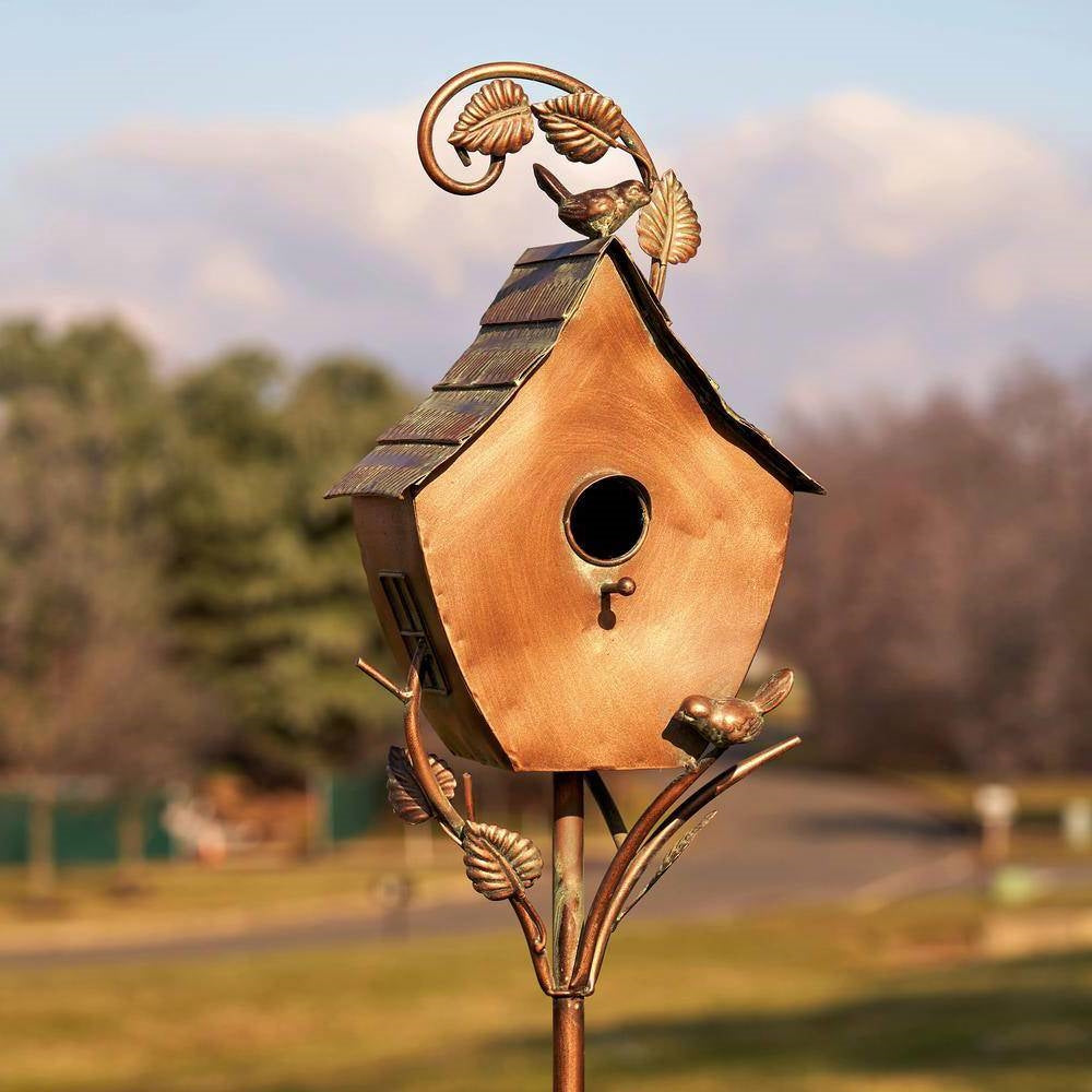 Outdoor Powder Coated Iron Birdhouse with 3-Prong Garden Stake in Copper Finish FastFurnishings
