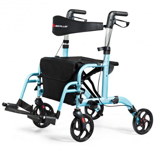2-in-1 Adjustable Folding Handle Rollator Walker with Storage Space-Blue