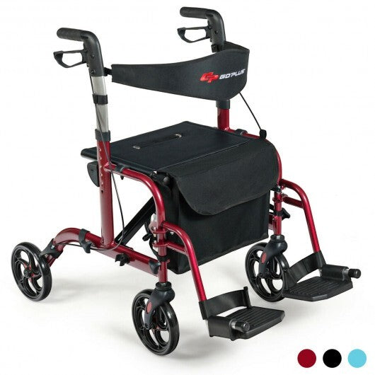 2-in-1 Adjustable Folding Handle Rollator Walker with Storage Space-Blue W2B