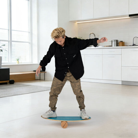 Wooden Balancing Board with Cork Roller and Storage Rack to Exercise-Black W2B
