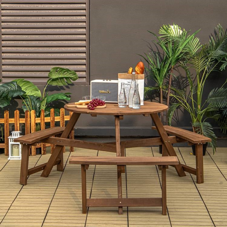 Outdoor Solid Wood Round Picnic Table Set with Umbrella Hole and 3 Benches FastFurnishings