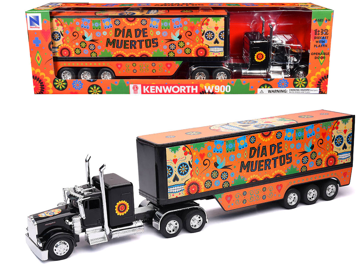 Kenworth W900 Truck Black with Graphics and Dry Van Trailer "Dia De Muertos" 1/32 Diecast Model by New Ray New Ray