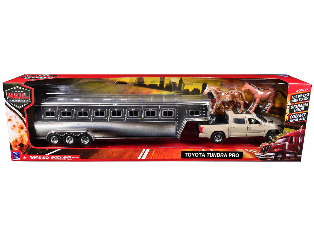 Toyota Tundra Pro Pickup Truck Beige with Horse Trailer Chrome and Horse Figures "Long Haul Truckers" Series 1/32 Diecast Model by New Ray New Ray