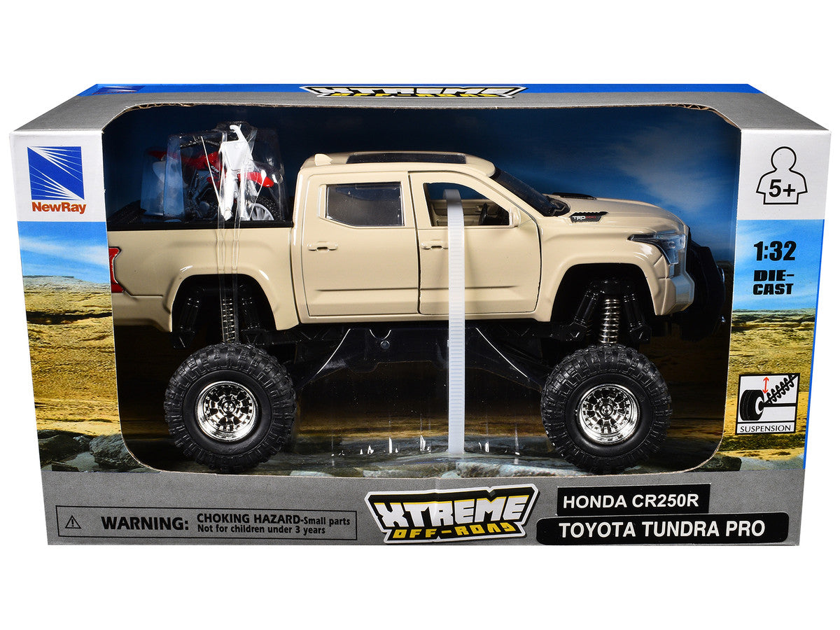 Toyota Tundra Pro Pickup Truck Tan and Honda CR250R Motorcycle Red and White "Xtreme Off-Road" Series 1/32 Diecast Models by New Ray New Ray