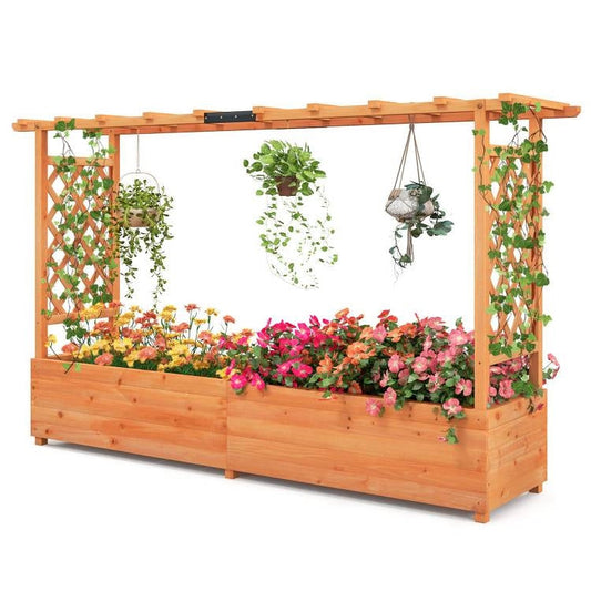 Solid Fir Wood Rectangle Raised Garden Bed with Side Trellis FastFurnishings