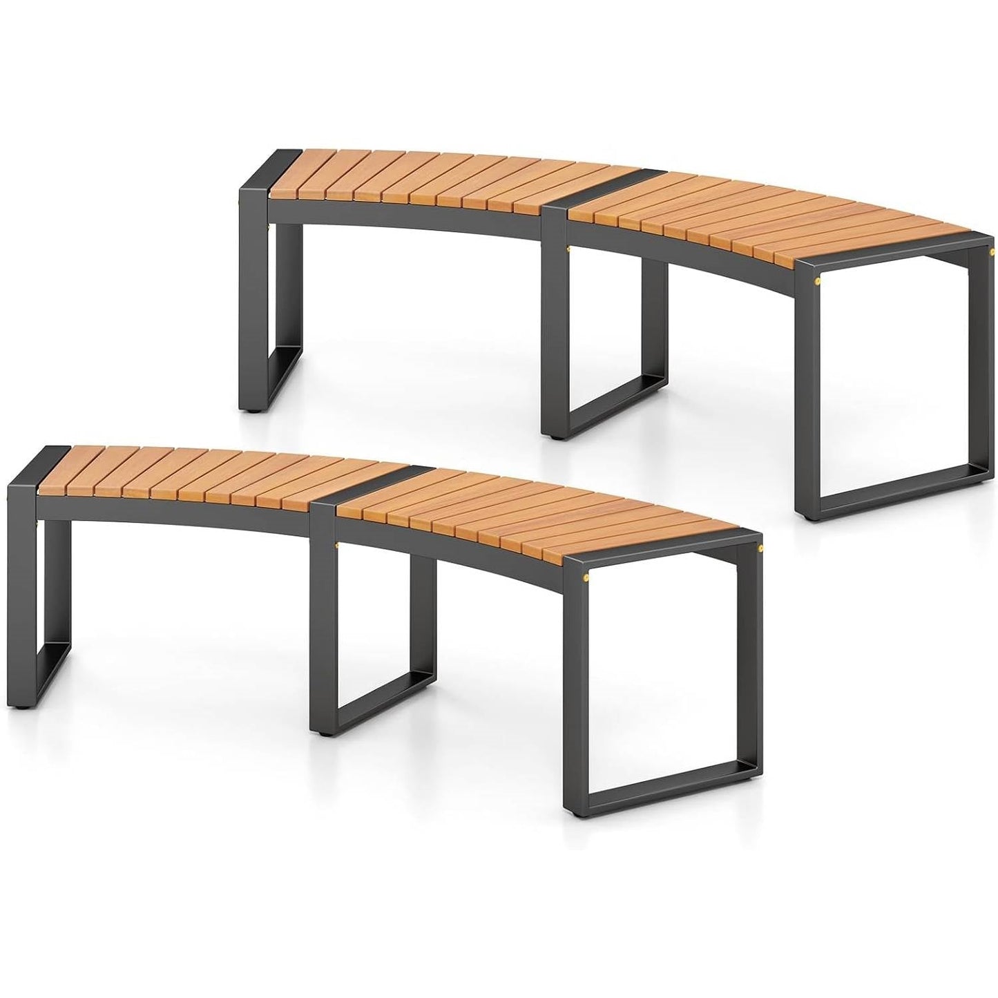 Set of 2 - Outdoor Metal Wood Backless Garden Bench with Modern Curved Design FastFurnishings