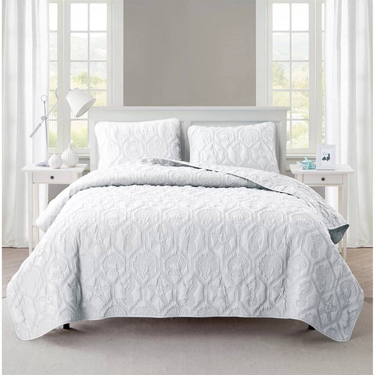 Queen size Coastal Beach Seashells Starfish Sea Horse White 3-Piece Quilt Set FastFurnishings