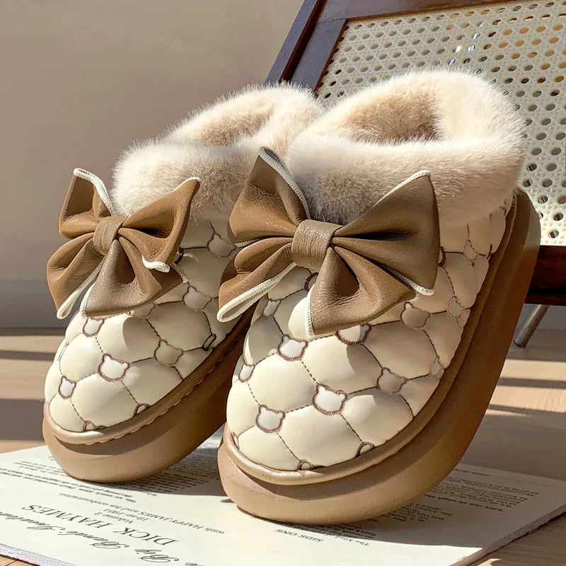 Platform Ankle Boots Female Bowknot Designer Winter Snow Booties Indoor Fluffy Slippers Women House Flats Fashion Footwear Warm LadyShow.Store