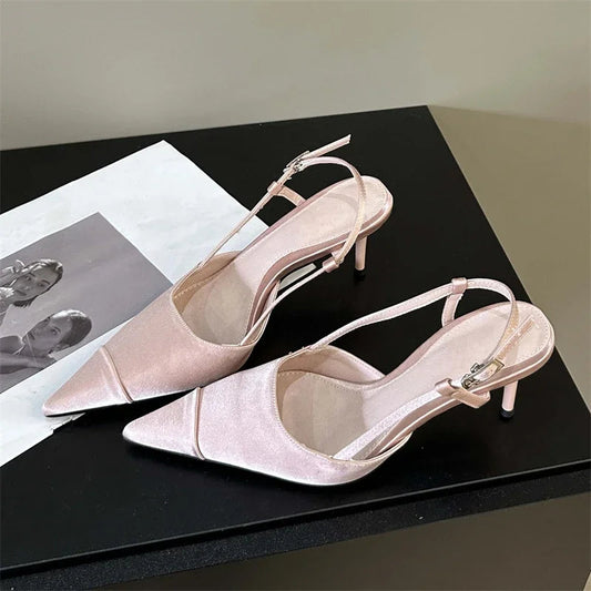 Eilyken High Quality Satin Buckle Strap Women Pumps Sandals Fashion Shallow Thin Heels Pointed Toe Slingback Mules Shoes Pi-Mart
