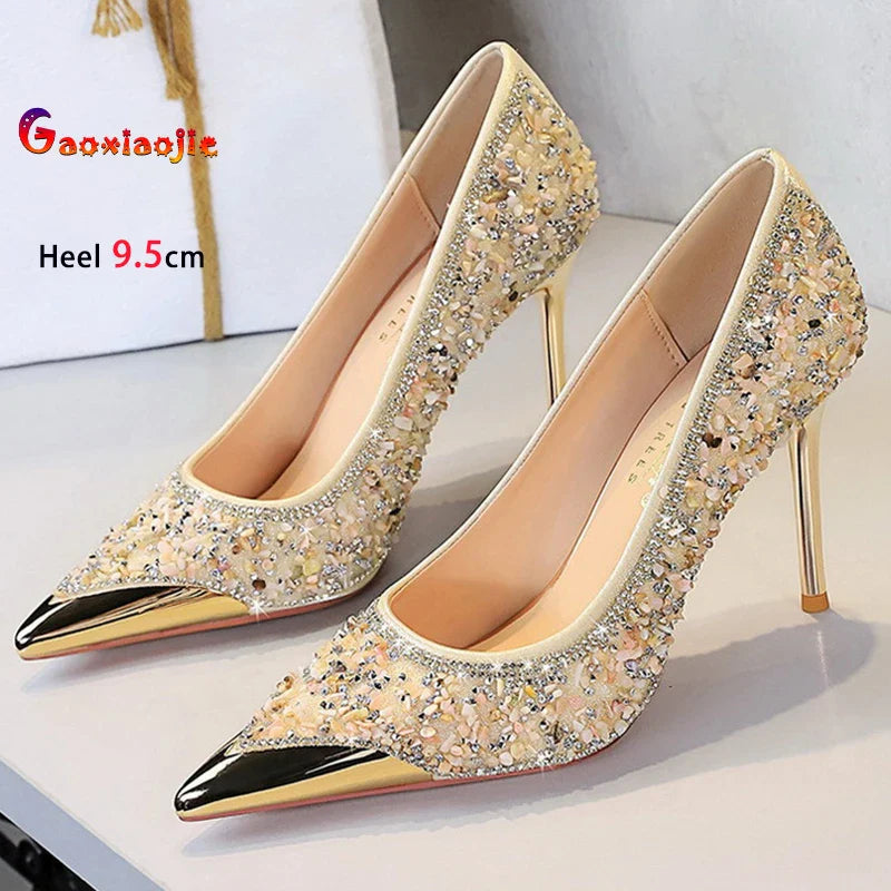 Shiny Crystal Apricot High Heels 9.5cm Women's Shoes Thin Heels Metal Pointed Ladies Pumps Shallow Slip On Stiletto Party Shoes Pi-Mart