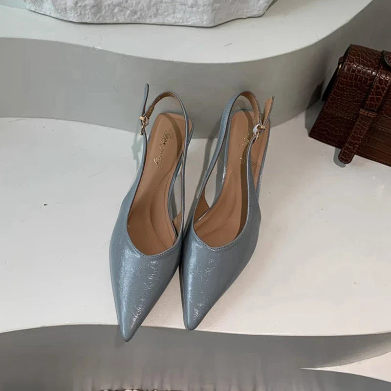 SUOJIALUN Summer New Women Sandal Fashion Pointed Toe Shallow Slip On Ladies Elegant Slingback Shoes Thin Med Heel Dress Mules LadyShow.Store