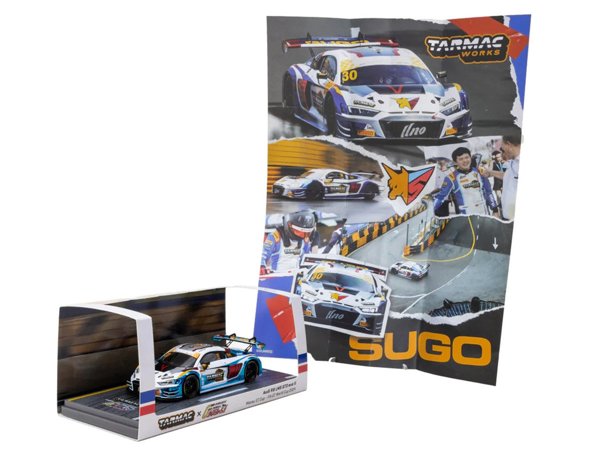 Audi R8 LMS GT3 evo II #30 James Yu "Uno Racing Team" "Macau GT Cup - FIA GT World Cup" (2024) with A4 Poster "Hobby43" Series 1/43 Diecast Model Car by Tarmac Works Tarmac Works