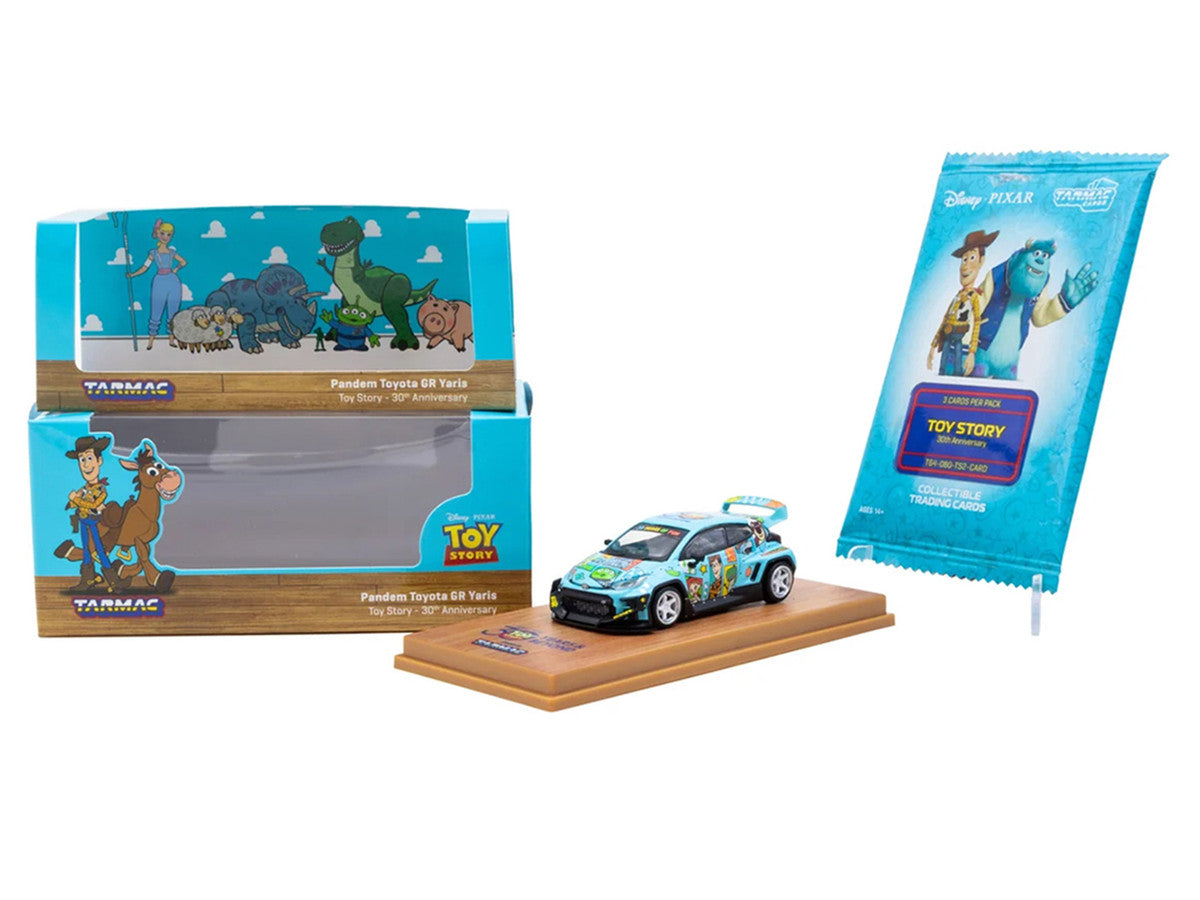 Toyota Pandem GR Yaris RHD (Right Hand Drive) "Toy Story 30th Anniversary" Blue with Graphics with Tarmac Cards "Hobby64" Series 1/64 Diecast Model by Tarmac Works Tarmac Works