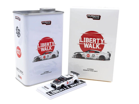 Nissan GT-R R35 LB-Works Type 2 RHD (Right Hand Drive) #23 "Liberty Walk" White with Carbon Hood and Metal Oil Can Packaging "Hobby64" Series 1/64 Diecast Model Car by Tarmac Works Tarmac Works