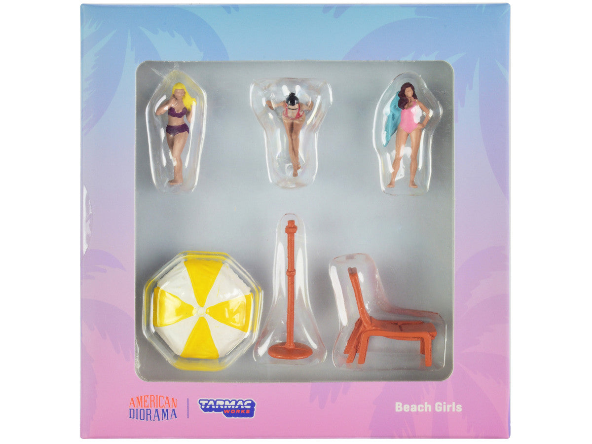 "Beach Girls" 5 piece Diecast Figure Set (3 Female Figures and 2 Beach Accessories) for 1/64 Scale Models by Tarmac Works & American Diorama Tarmac Works